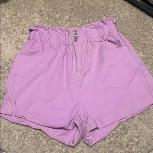 lilac high waisted paper bag shorts